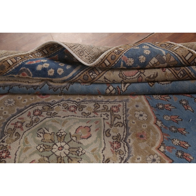 Blue Geometric Tabriz Persian Vintage Rug Hand-Knotted Wool Carpet - 8'2"x 10'9"