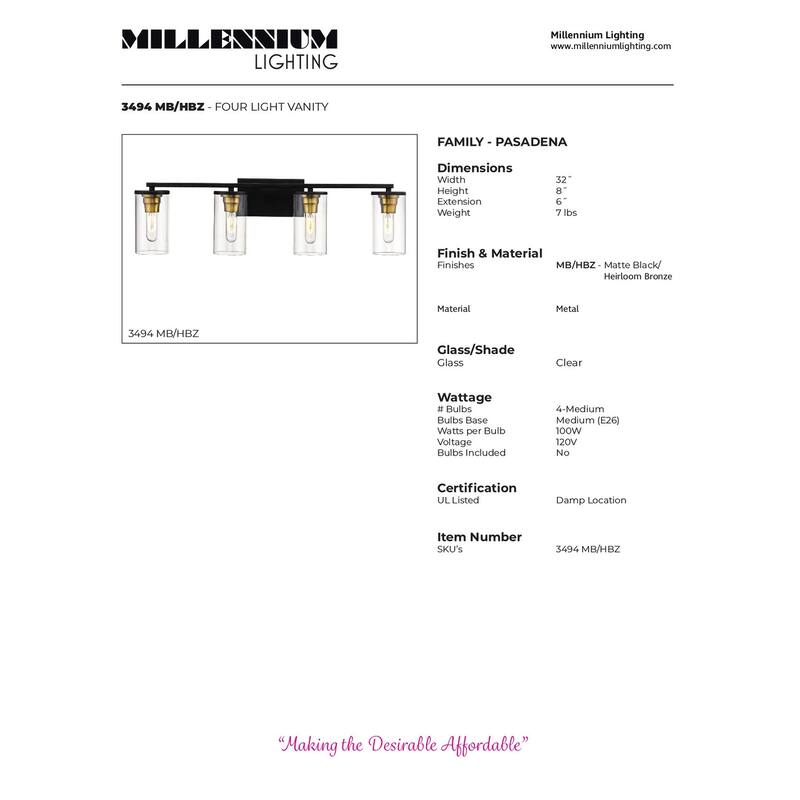 Millennium Lighting Burbank Bathroom Vanity Light in Matte Black/Heirloom Bronze- 4 Lights