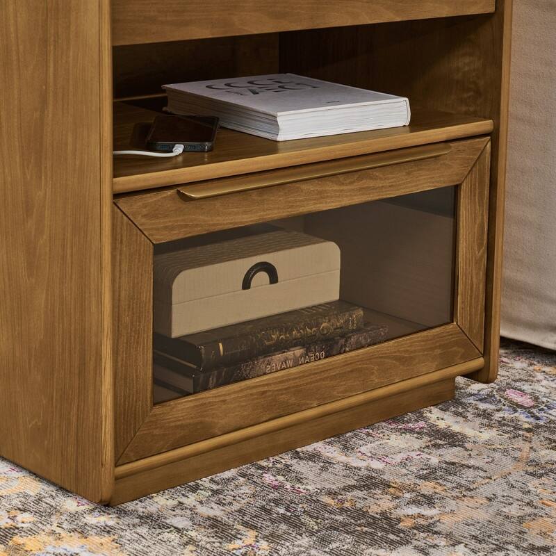 Mid Century Modern 2-Drawer Nightstand with Charging Station and Open Shelf for Bedroom Storage and Convenience