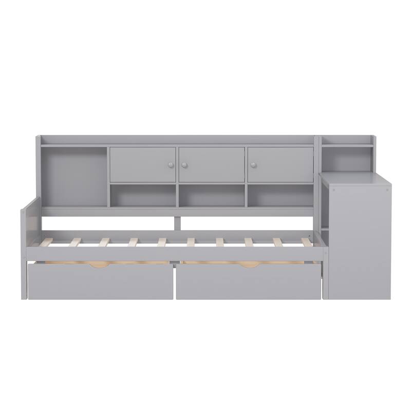 Wooden L Shaped Daybed with Bookcase and 2 Drawers, Multi-functional Corner Platform Sofa Bed Frame with Built In Desk