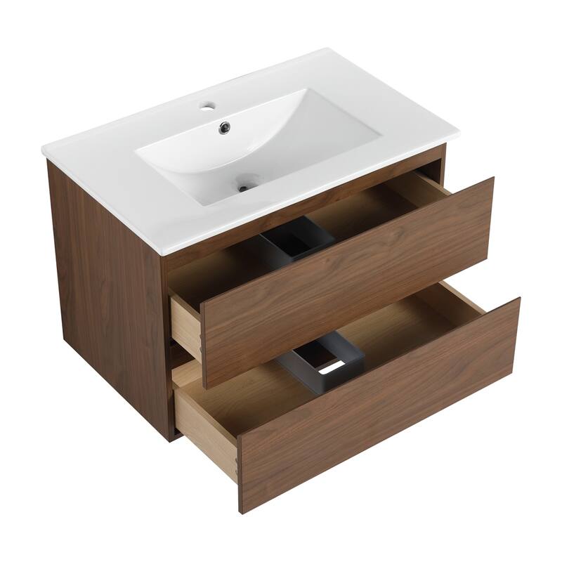 30" Wall-Mounted Bathroom Vanity w/Ceramic Sink,2-Soft Close Drawers