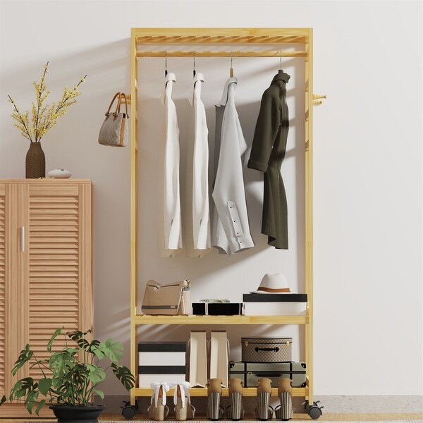 3 tier Movable Wood Clothes Rack Stand with Shelves Durable Side