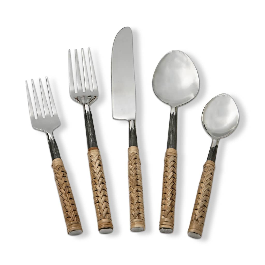 Bamboo Handle Flatware Set of 5 - Natural Stainless Steel Everyday Utensils - Hand Wash Only