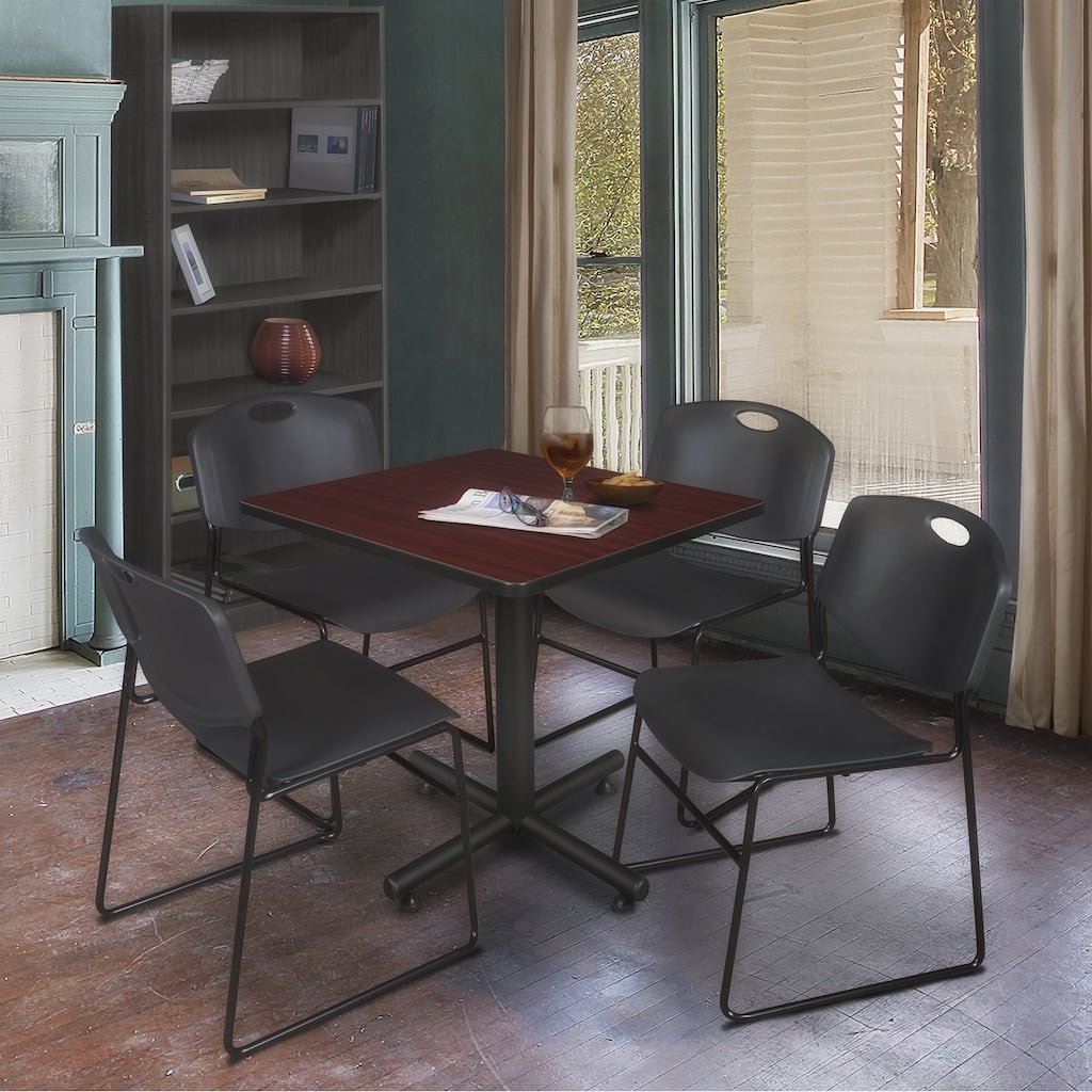 30" Square Breakroom Table- Mahogany & 4 Stack Chairs- Black - Black, Mahogany - 30