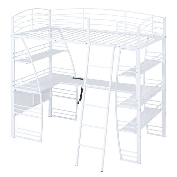 slide 2 of 11, White Metal Loft Bed Bed, 4 Layers Shelves Storage Bed, Twin Size L-Shaped Desk Platform Bed w/ Sockets, USB Ports,Ladder White - Twin