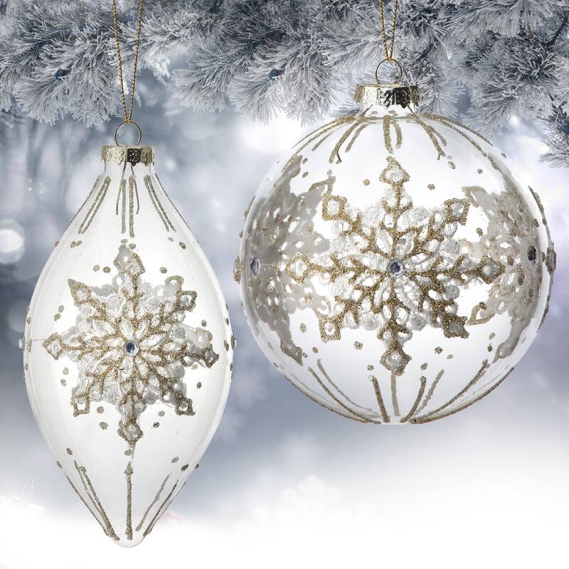 4-6" Glass Lace Snowflake Ball Finial Ornament Set of 6