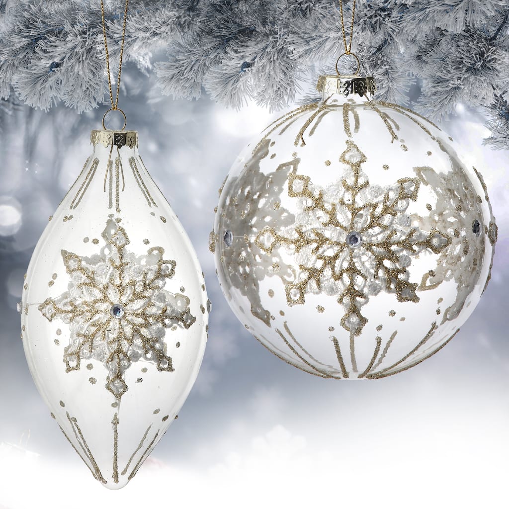 4-6" Glass Lace Snowflake Ball Finial Ornament Set of 6