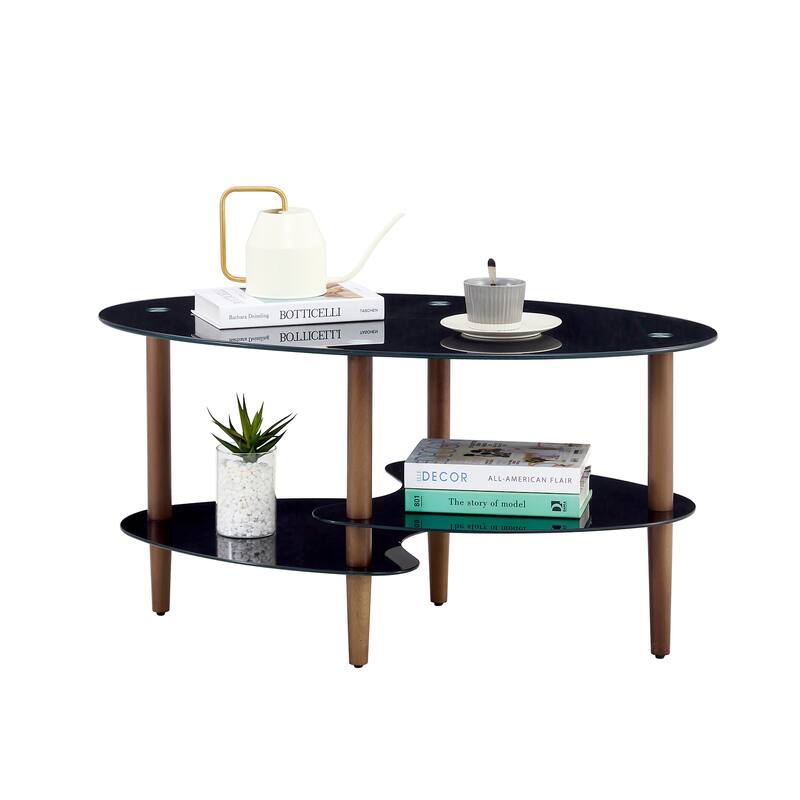 Modern Oval Glass Coffee Table with Oak Wood Legs and 3-Layer Storage, Versatile for Various Uses