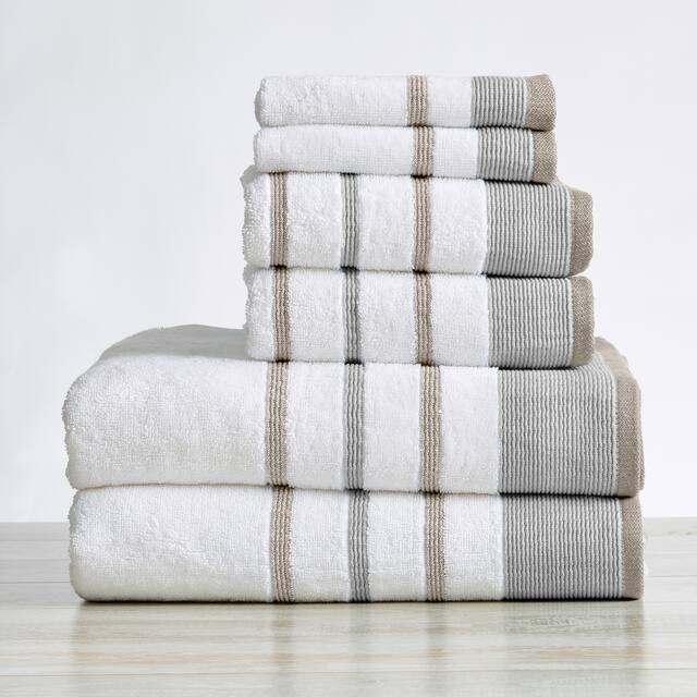 Luxurious Cotton Decorative Stripe Towel Set - 6 Piece Set - Glacier Grey / Cappuccino