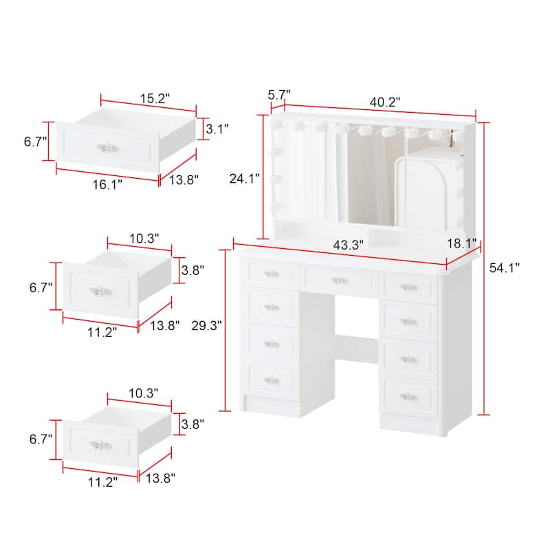 40.2"W Elegant Makeup Vanity Tri-Fold Mirror Lighting Dressing Table