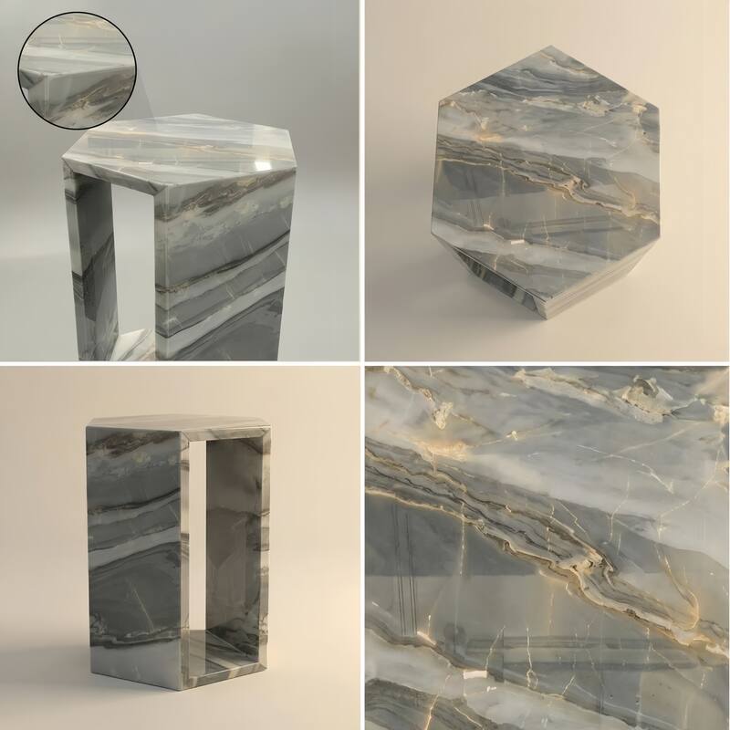 Roomfitters Luxury Natural Marble Hexagon Side Table, Solid Stone Geometric Pedestal End Table, Polished Finish