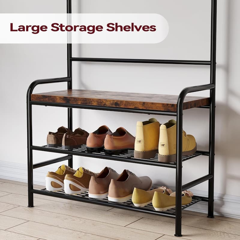 Narrow Hall Tree Storage Bench for Entryway, Coat Rack Shoe Bench