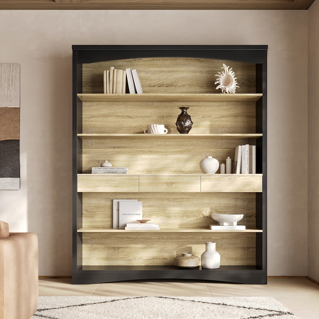 65" Tall Bookshelf with Drawers, Extra-Wide Storage Shelf Unit, Adjustable Wood Bookcase, Modern Display Cabinet