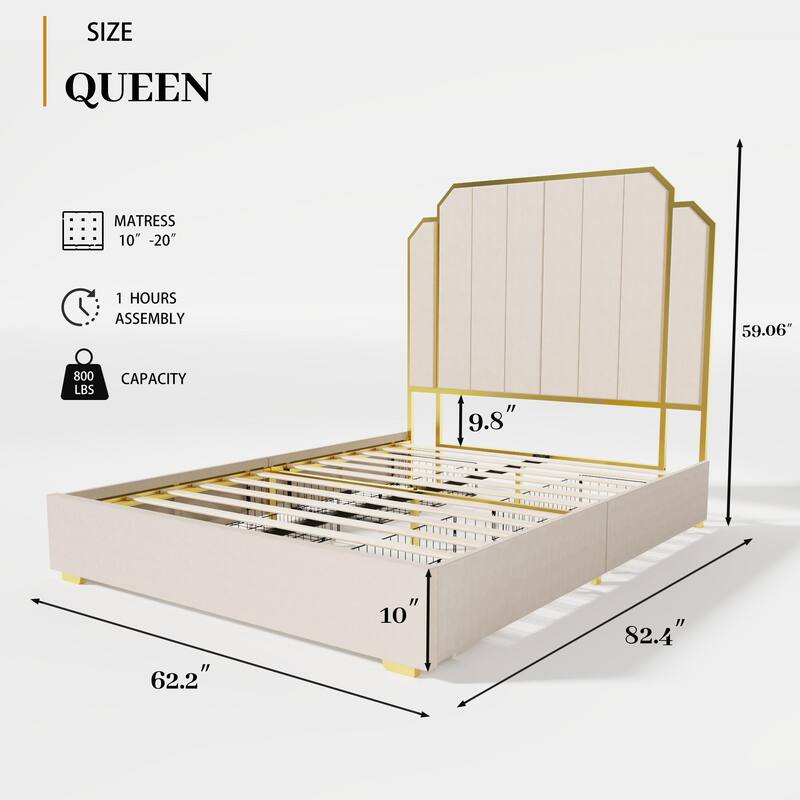 Queen Size Upholstered Platform Bed with Golden Trim