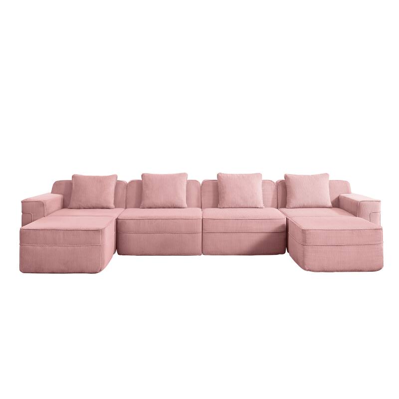 GDFStudio - Corduroy Modular 4-Seater 153.5" U-Shaped Boneless Cloud Sofa with 2 Ottomans