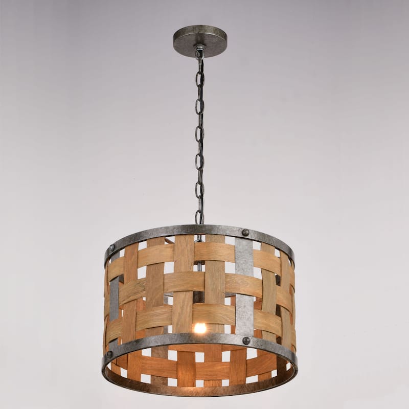 Norwood 1L Gray Industrial Woven Wood Drum Pendant Hanging Ceiling Light - 16-in W x 11-in H x 16-in D