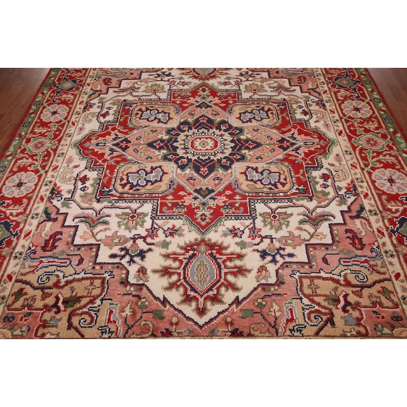 Geometric Ivory Heriz Serapi Oriental Area Rug Handmade Wool Carpet - 7'11" X 9'9"