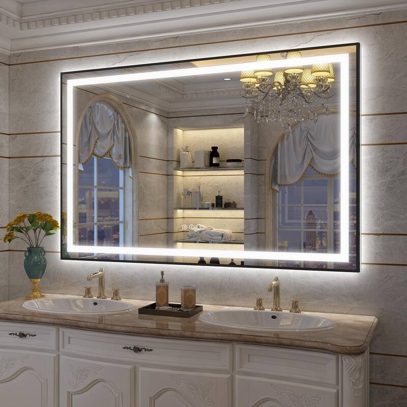 KIOTEE Black Metal Frame Front & Back LED Lighted Anti-Fog Tempered Glass Bathroom Vanity Mirror with ETL and 3 Years Warranty - 55x36