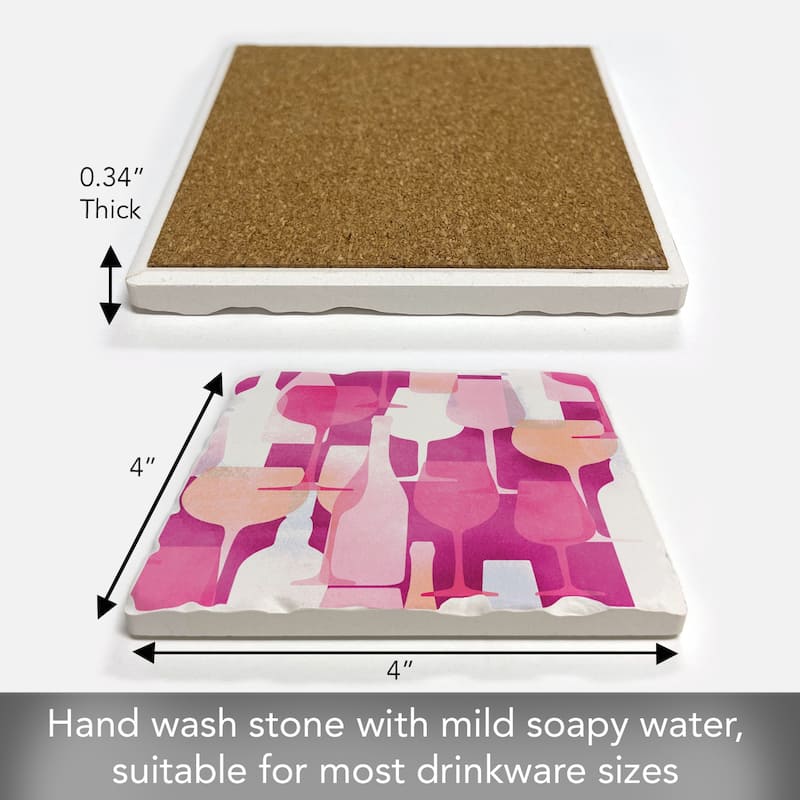 Pink Bottles 4 Pack Absorbent Stone Coasters with Cork Backing 4" Square Made in The USA Absorbent Wipes Clean