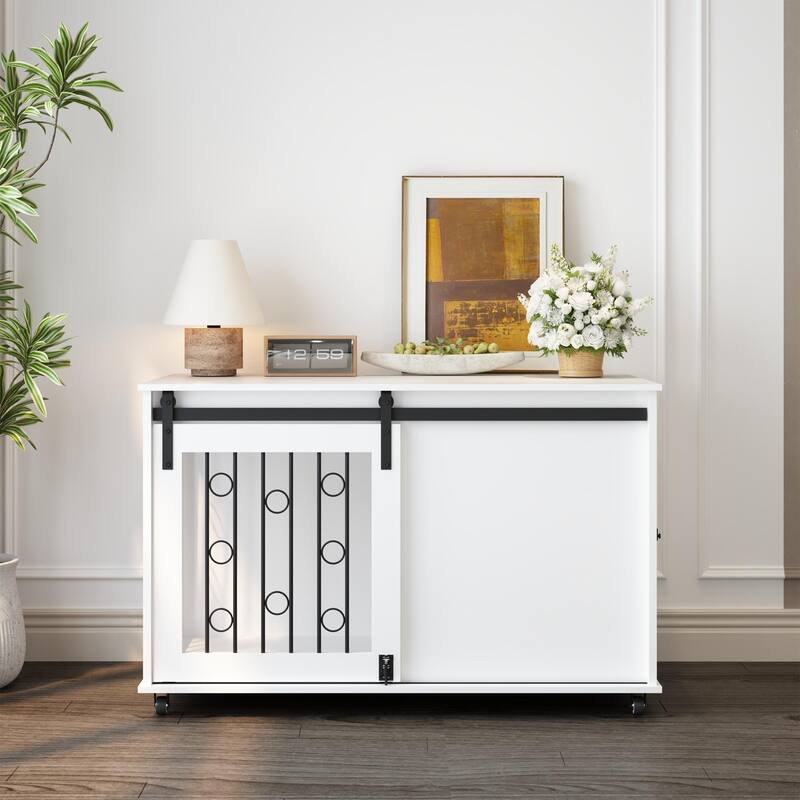39.37" Wooden Dog Crate Furniture with Sliding Barn Door and Side Door, Indoor Dog Kennel End Table for Small to Medium Dogs
