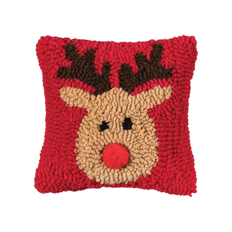 Reindeer Games with Red Nose Petite Hooked Accent Pillow, 8" x 8"