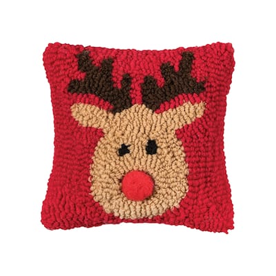 Reindeer Games with Red Nose Petite Hooked Accent Pillow, 8" x 8"