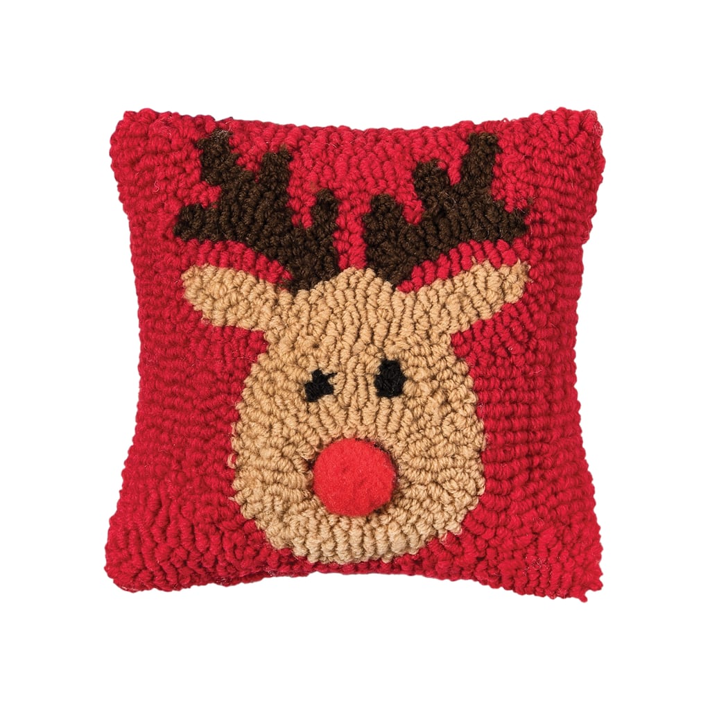 Reindeer Games with Red Nose Petite Hooked Accent Pillow, 8" x 8"