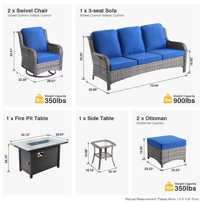 OVIOS 7-piece Patio Swivel Chair Set with 42" Fire Table