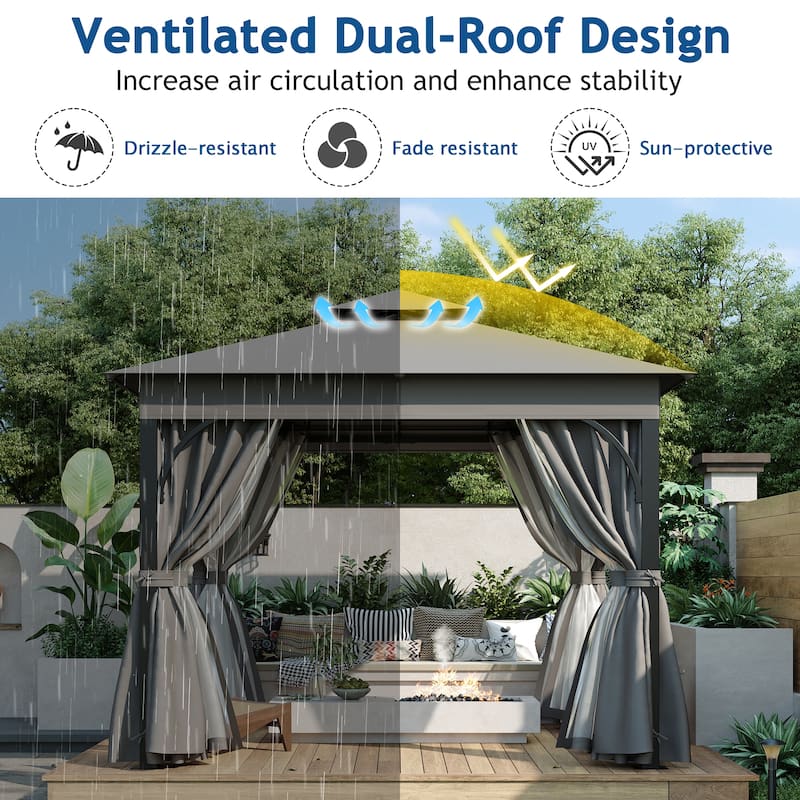 10x10 Gazebo with Privacy Screens - Double Roof, Mosquito Net, Shade & Rain Canopy for Backyard & Garden