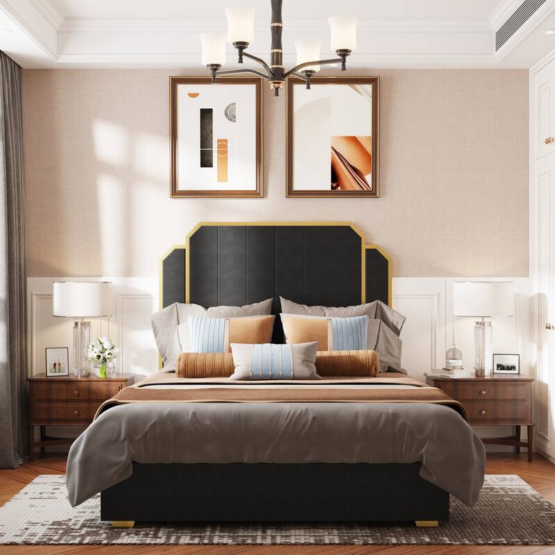 Queen Size Bed Frame with Tall Headboard, Upholstered Platform Bed w/ Golden Plating Trim & Slats Support, No Box Spring Needed