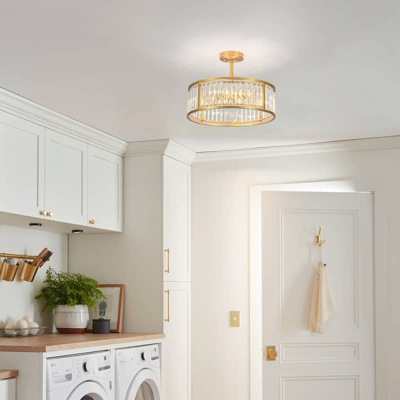 4-Light Mid-Century Modern Black/Gold Drum Crystal Semi-Flush Mount Ceiling Light