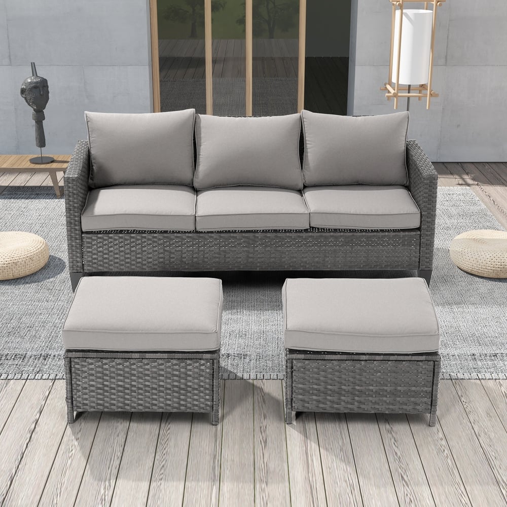 LIVOOSUN 3Pcs Patio Furniture Conversation Grey Rattan Patio Sofa Set