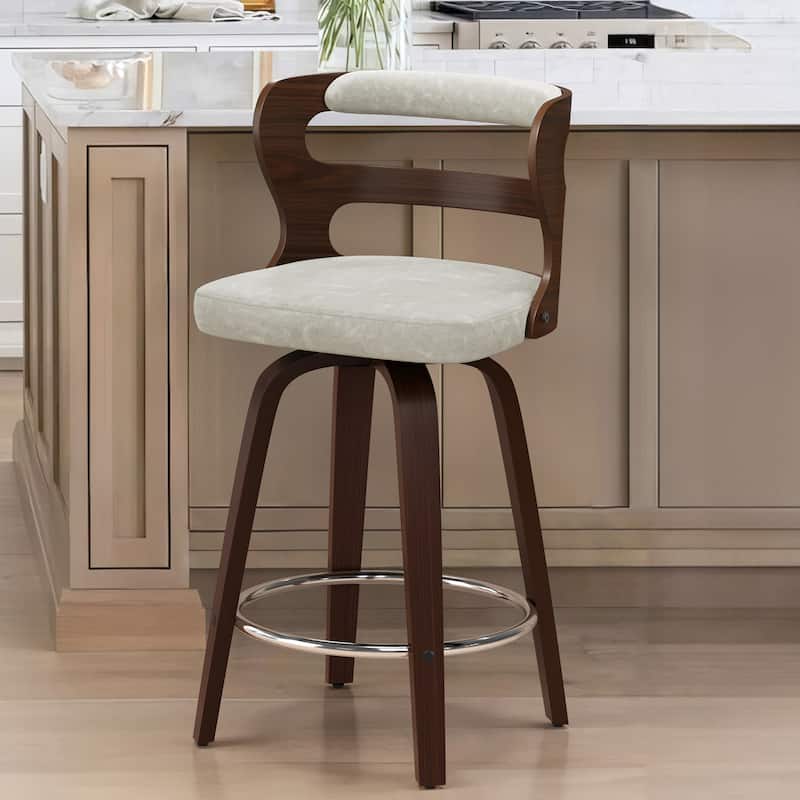 LUE BONA 26" Walnut and Faux Leather Swivel Counter Bar Stools With Backs - 26" H