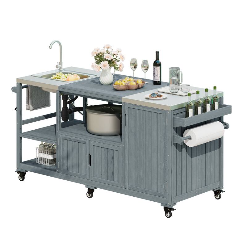 Roomfitters 75.4" Outdoor Kitchen Island with Sink, Fir Wood Grill Cart for XL Green Egg & Tabletop Grills