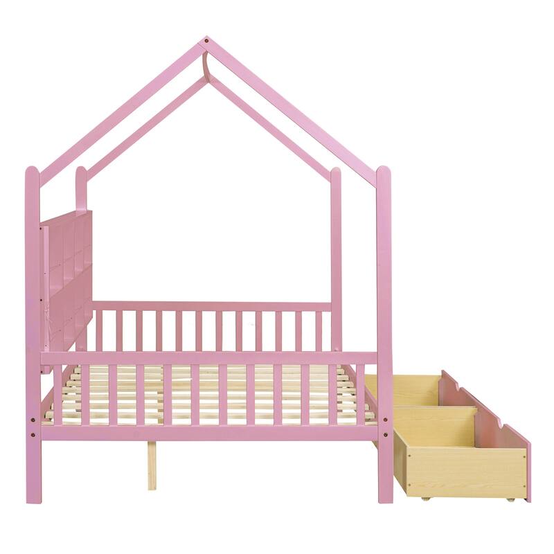 Wooden House Bed with 2 Drawers, Kids Bed with Storage Shelf
