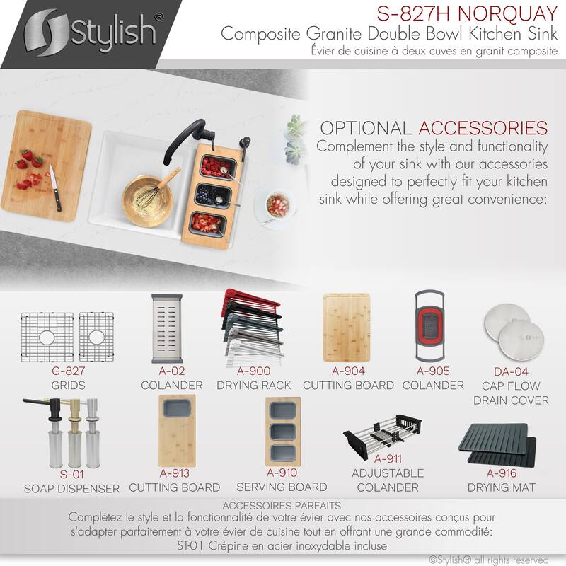 STYLISH 27 inches L x 18 inches W Double Bowl 60/40 Dual Mount Composite Granite Kitchen Sink - 27" x 18" x 9.5"