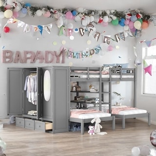 Minimalist Design Full-Over-Twin-Twin Bunk Bed with 3 drawers,Shelves, Wardrobe and Mirror,Store Books,Display Decorations