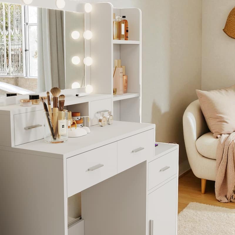 Makeup Vanity Table with LED Mirror, USB Ports, Hair Dryer Holder, Storage Shelves, 4 Drawers & Cabinet for Bedroom