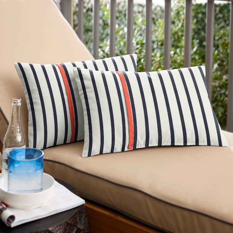Sorra Home Sunbrella Outdoor Single Petite Flange Pillow Set of 2 - Sunbrella - Lido Indigo/Canvas Melon - 12 in H x 24 in W x 6 in D