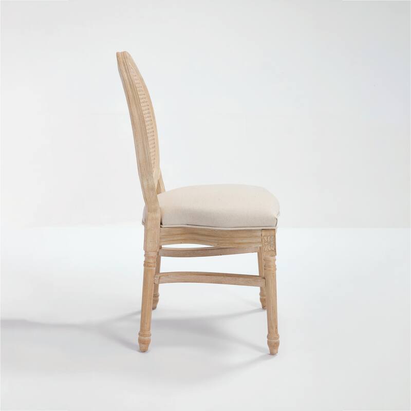 Set of 2 French Country Dining Chairs, Upholstered with Natural Rattan Round Back