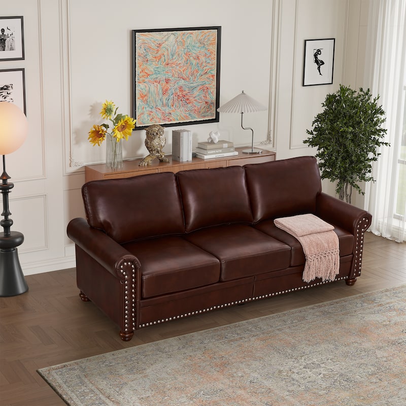 Elegant Living Room Sofa: High Capacity Faux Leather Couch with Decorative Nails