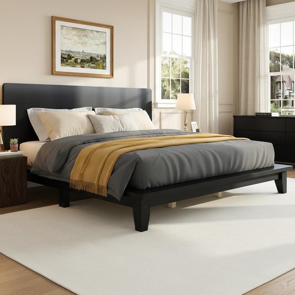 Minimalist Wood Platform Bed Frame with Headboard by Harper&Bright Designs