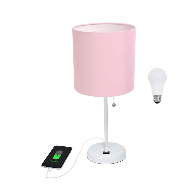 White Stick Lamp with USB charging port and Fabric Shade