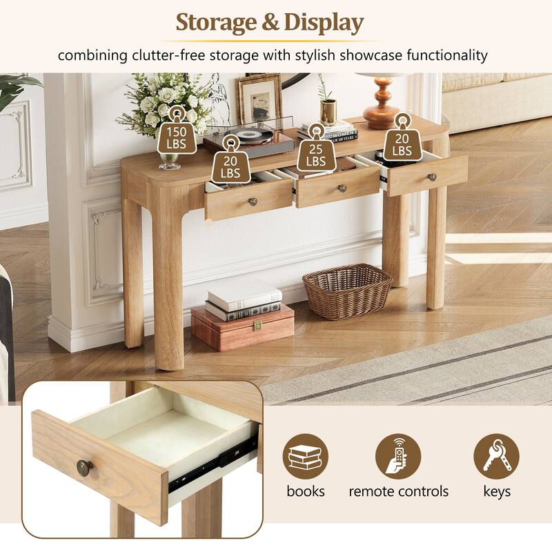 Anmytek Rustic Console Table with 3 Drawers and Curved Safety Corners Light Oak Entryway and Sofa Table for Living Room
