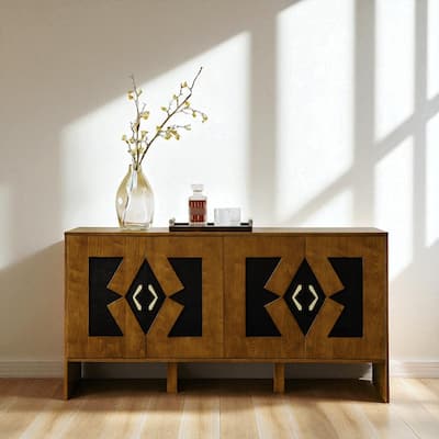 60" Mid Century Sideboard Buffet Cabinet with Geometric Pattern, Adjustable Shelves & Outlet Holes for Entryway