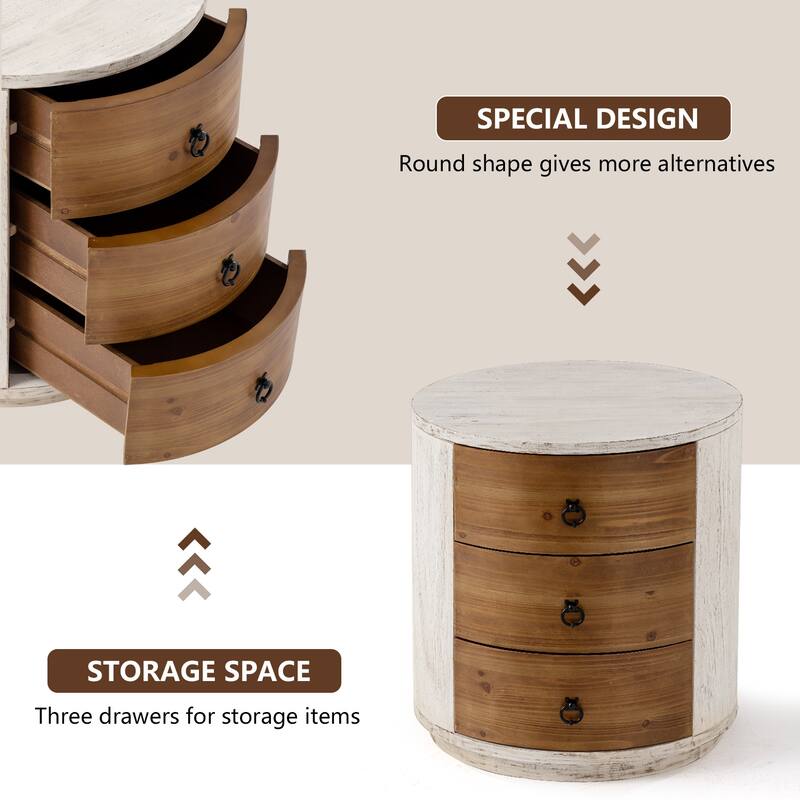 COSIEST Modern Round Solid Wood Storage Chest, Nightstand with 3 Drawers