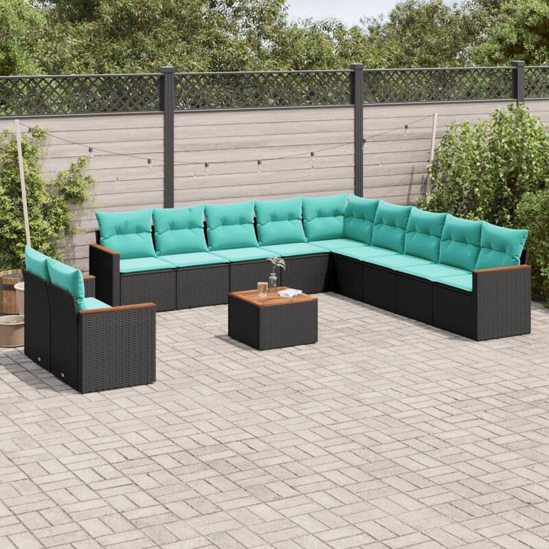 vidaXL Patio Sofa Set with Cushions Outdoor Conversation Furniture Poly Rattan - 24.4x 24.4x 27.2 - Black and Blue-With table