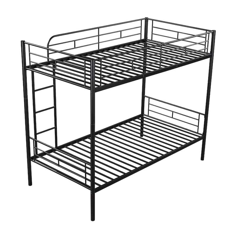 Black Twin over Twin Size Metal Bunk Bed with Fence and Ladder for Kids, Bedroom