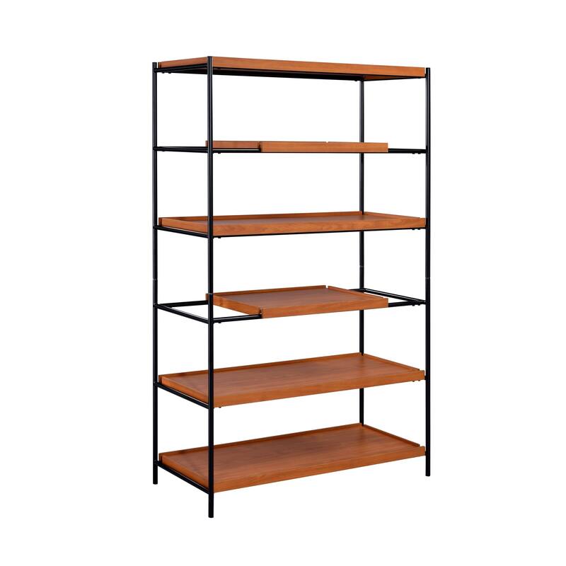 5 Tier Wooden Bookshelf with Open Metal Frame, Oak Brown and Black