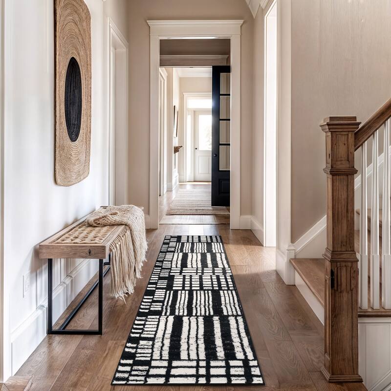 Black Ivory Geometric Blocks Stylish and Durable Area Rug - 2' 3" x 12'